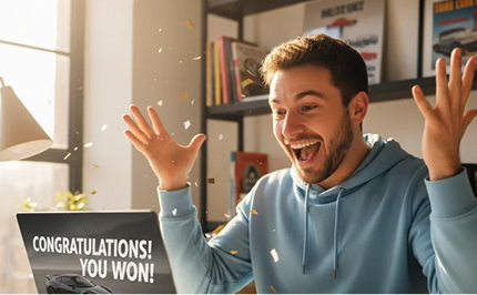 Person on laptop excited after winning a car auction online