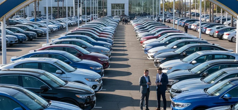 Car dealership lot with multiple vehicles
